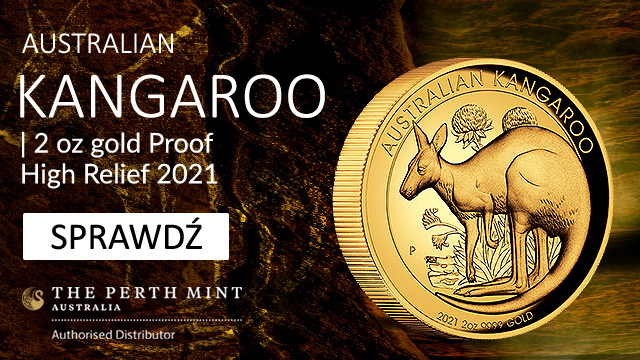 Australijski Kangur 2 uncje Złota 2021 Proof High Relief
