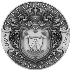 Cameroon: Barbarian King pozłacany 2 uncje Srebra 2025 Antiqued Coin