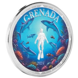 Grenada: Shark Diver kolorowana 1 uncja Srebra 2024 Proof