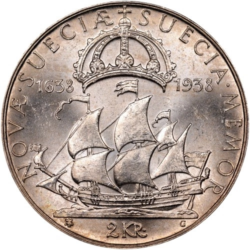 Szwecja, Gustaw V - 300. Rocznica Osadnictwa w Delaware 2 Korony 1938