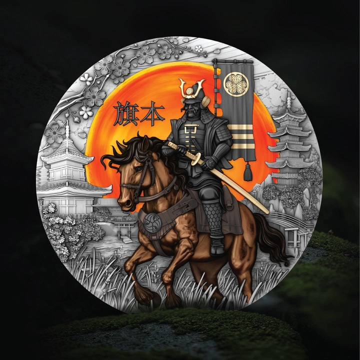 Niue: Hatamoto kolorowany/pozłacany 2 uncje Srebra 2025 Antiqued Coin