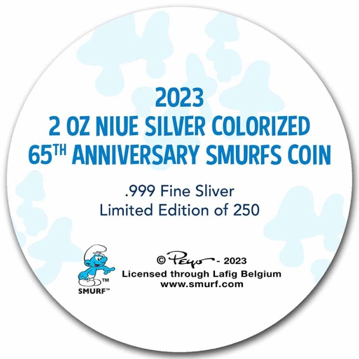 Niue: Smerfy - 65. rocznica kolorowany 2 uncje Srebra 2023 Proof High Relief