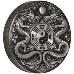 Tuvalu: Double Dragon kolorowany 2 uncje Srebra 2019 Antiqued Coin