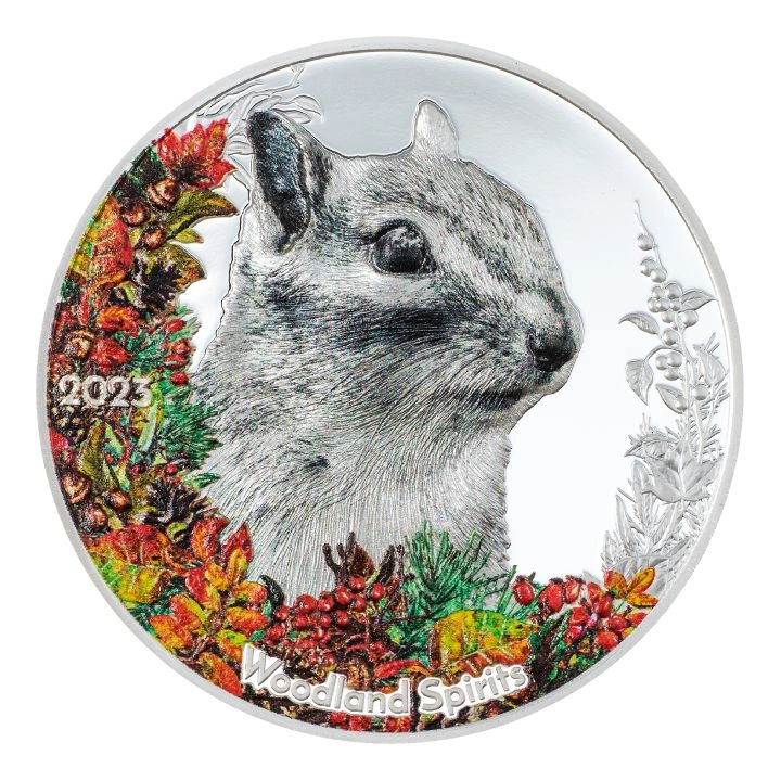 Mongolia: Woodland Spirits - Chipmunk kolorowany 1 uncja Srebra 2023 Proof High Relief
