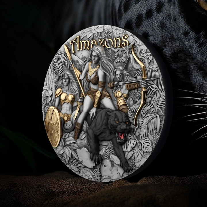 Niue: Amazons kolorowany/pozłacany 2 uncje Srebra 2025 Antiqued Coin