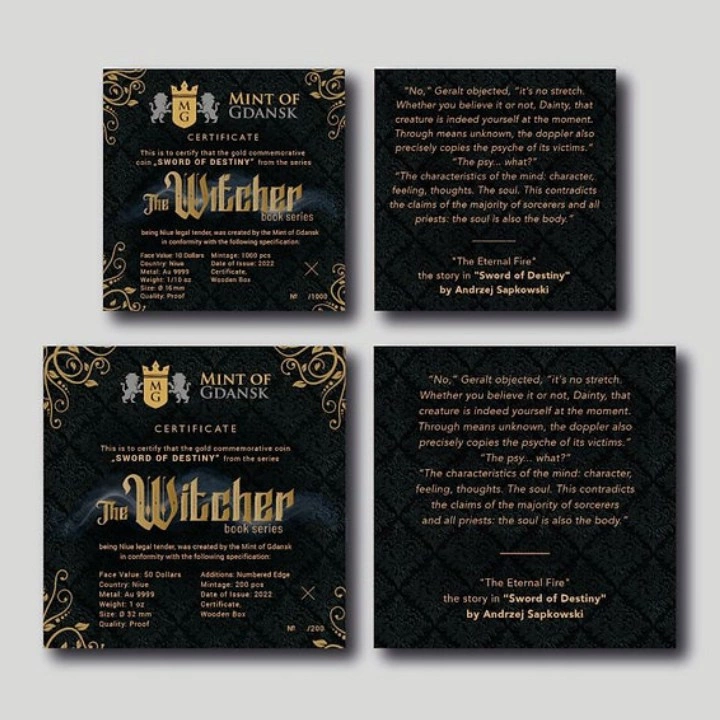Niue: The Witcher Book Series - Sword of Destiny 1/10 uncji Złota 2022 Proof