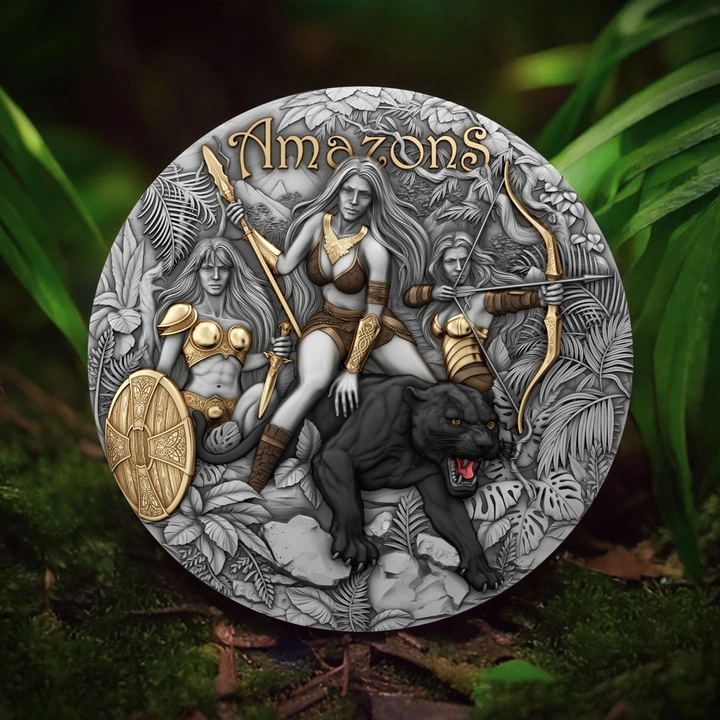 Niue: Amazons kolorowany/pozłacany 2 uncje Srebra 2025 Antiqued Coin