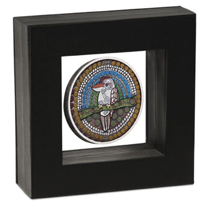 Kookaburra Kaa-Kaa kolorowany 2 uncje Srebra 2024 Antiqued Coin