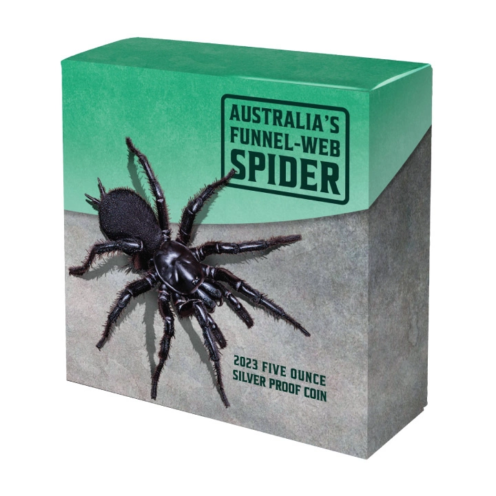 Niue: Australia's Funnel-Web Spider kolorowany 5 uncji Srebra 2023 Proof Ultra High Relief