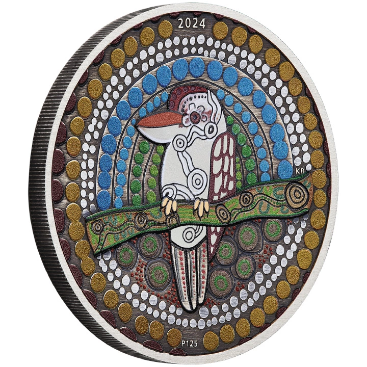 Kookaburra Kaa-Kaa kolorowany 2 uncje Srebra 2024 Antiqued Coin