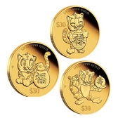 Zestaw 3 monet Tuvalu: Chinese Astrological - Rok Tygrysa 3 x 1/5 uncji Złota 2022 Proof