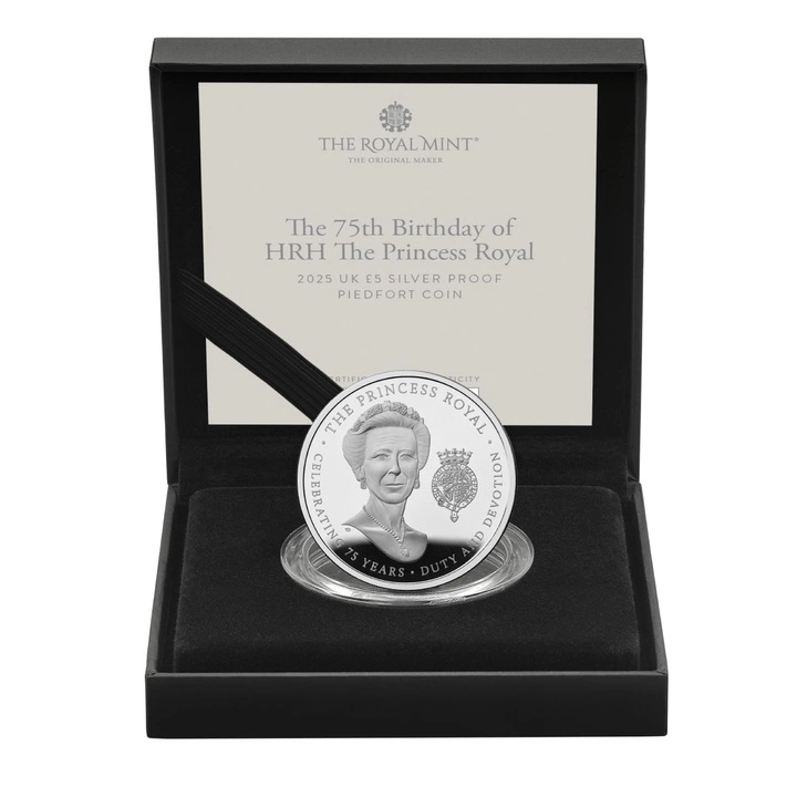 The 75th Birthday of HRH The Princess Royal £5 Srebro 2025 Proof Piedfort