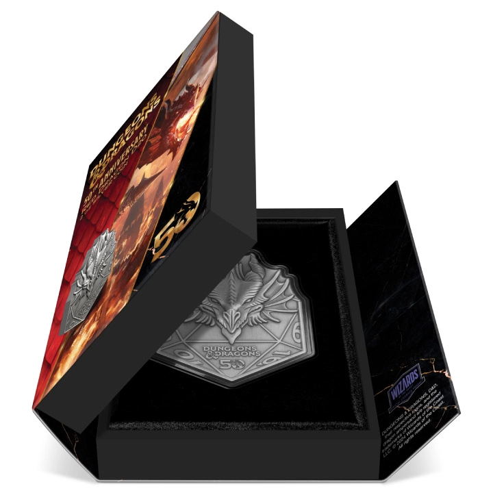 Niue: Dungeons & Dragons 50th Anniversary - Red Dragon D20 2 uncje Srebra 2024 Antiqued Coin