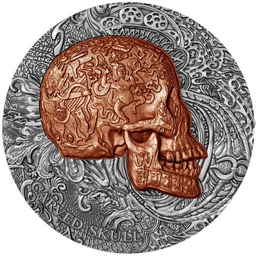 Cameroon: Carved Skull Bones 1 uncja Srebra 2017 Antiqued Coin
