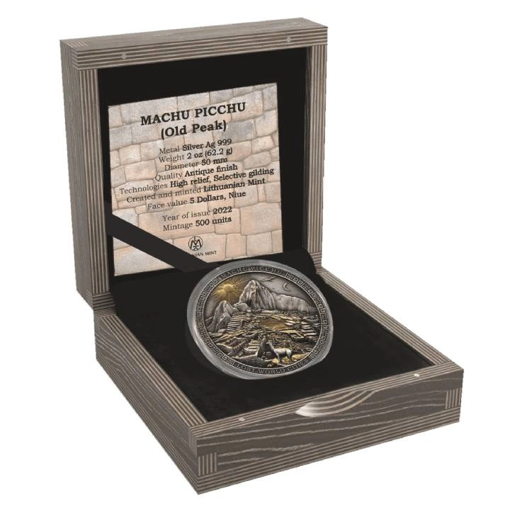 Niue: Lost World Cities - Machu Picchu "Old Peak" pozłacany $5 Srebro 2022 High Relief Antiqued Coin