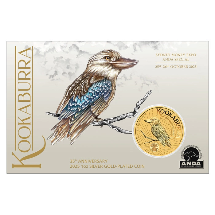 Perth Mint: Kookaburra - 35. Rocznica pozłacany 1 uncja Srebra 2025 (Sydney Money Expo Anda Special)