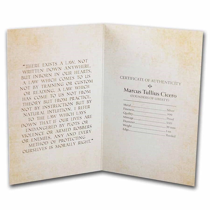 Founders of Liberty: Cicero - Keep & Bear Arms 1 uncja Srebra Antique Coin
