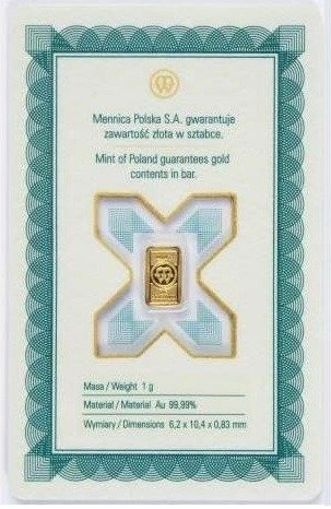 1 gram Sztabka Złota Mennica Polska