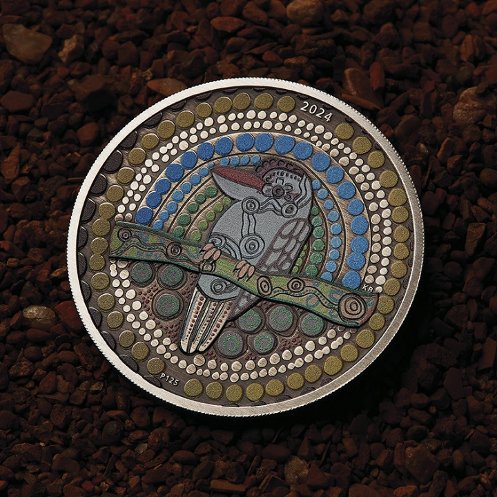 Kookaburra Kaa-Kaa kolorowany 2 uncje Srebra 2024 Antiqued Coin