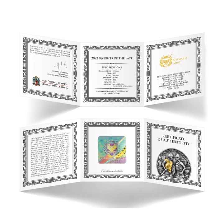 Malta: Knights of the Past pozłacany 2 uncje Srebra 2022 High Relief Antiqued Coin
