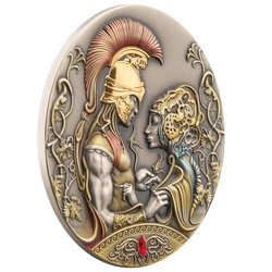 Niue: Myths of Love - Medea’s and Jason’s Love kolorowany, pozłacany $5 Srebro 2022 High Relief Antiqued Coin