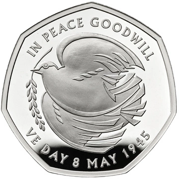 The 80th Anniversary of VE Day 50p Srebro 2025 Proof Piedfort 