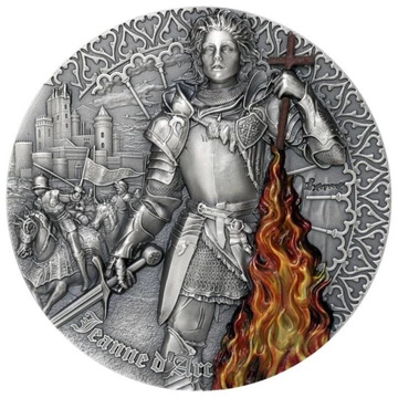 Niue: Heroines - Joanna D'Arc kolorowana 2 uncje Srebra 2022 High Relief Antiqued Coin