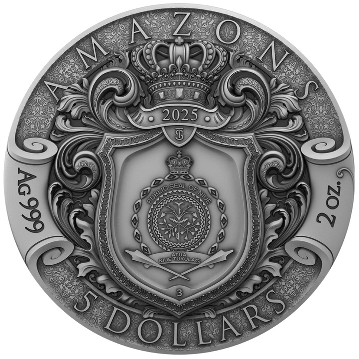 Niue: Amazons kolorowany/pozłacany 2 uncje Srebra 2025 Antiqued Coin