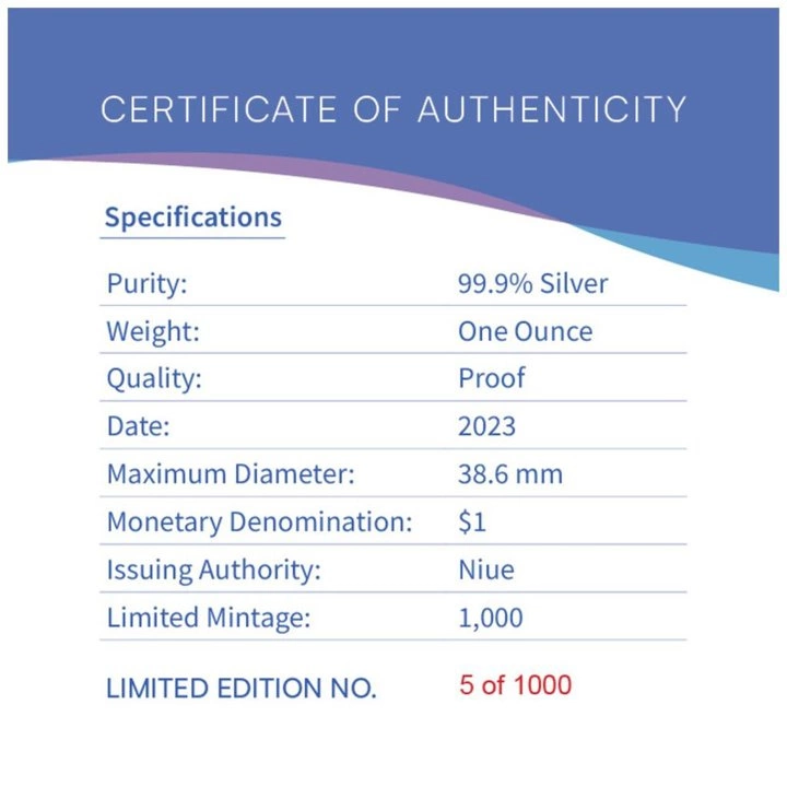 Niue: Azure Kingfisher kolorowany 1 uncja Srebra 2023 Proof