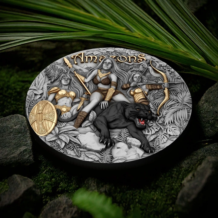 Niue: Amazons kolorowany/pozłacany 2 uncje Srebra 2025 Antiqued Coin