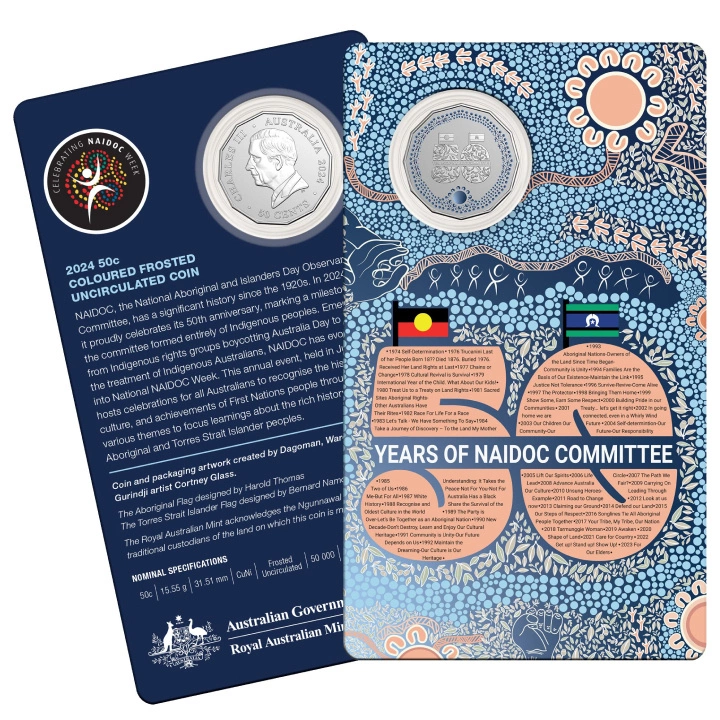 NAIDOC Week kolorowany 50c Miedzionikiel 2024 Frosted Coin