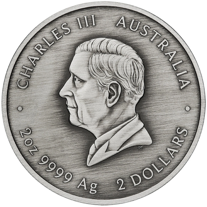 Kookaburra Kaa-Kaa kolorowany 2 uncje Srebra 2024 Antiqued Coin