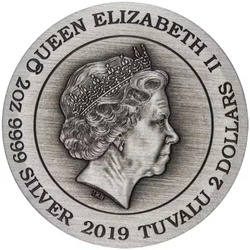 Tuvalu: Double Dragon kolorowany 2 uncje Srebra 2019 Antiqued Coin