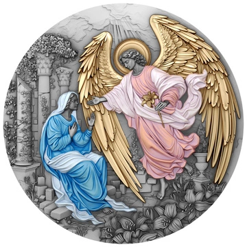 Niue: Gabriel kolorowany/pozłacany 2 uncje Srebra 2025 Antiqued Coin