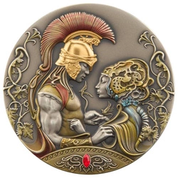 Niue: Myths of Love - Medea’s and Jason’s Love kolorowany, pozłacany $5 Srebro 2022 High Relief Antiqued Coin