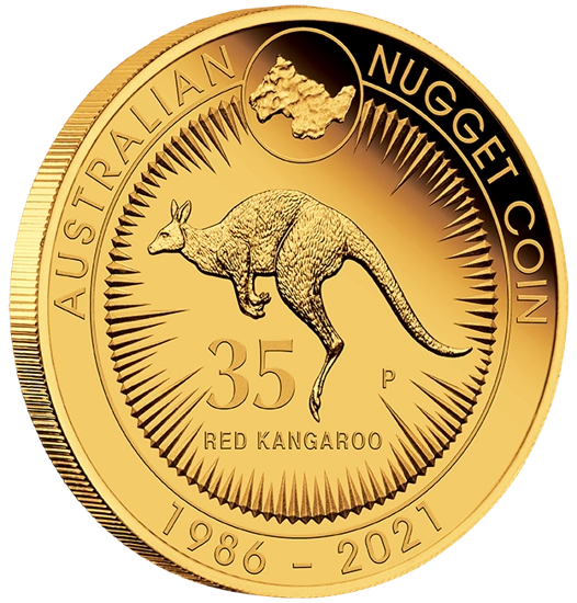 Australijski Kangur: 35 rocznica Kangaroo Nugget 1/4 uncji Złota 2021 Proof