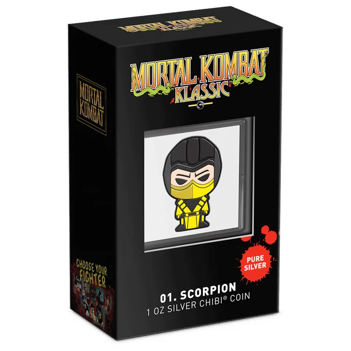 Niue: Mortal Kombat - Scorpion Chibi Coin kolorowany 1 uncja Srebra 2022 Proof