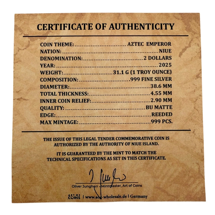 Niue: Aztec Emperor Cuauhtémoc Tribute 1 uncja Srebra 2025