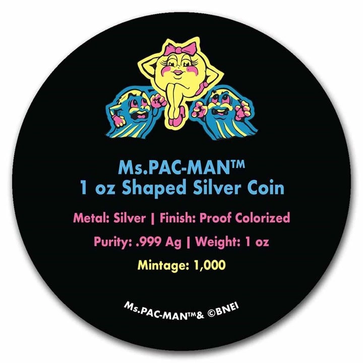 Niue: Ms.PAC-MAN kolorowany 1 uncja Srebra 2022 Proof Shaped Coin