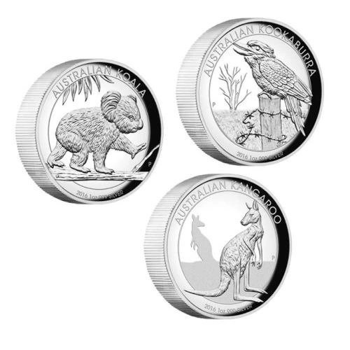 Kolekcja 3 australijskich monet (Kangur 1 Uncja Srebra, Koala 1 Uncja Srebra, Kookaburra 1 Uncja Srebra) High Relief 2016