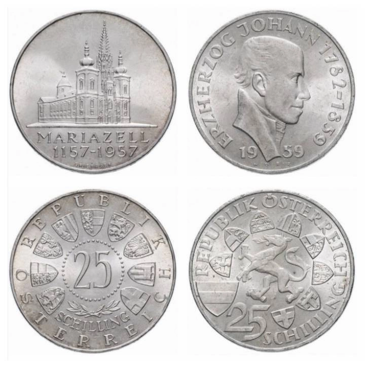 Austria: 25 Szylingów Moneta Srebrna Różne Roczniki
