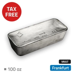 Srebro Inwestycyjne 100 uncji Mennica Akredytowana przechowywane w bezcłowym magazynie we Frankfurcie (Loomis) 