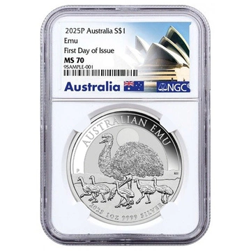 Australijski Emu 1 uncja Srebra 2025 MS 70 NGC First Day of Issue