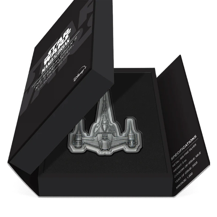 Niue: Star Wars The Mandalorian - The Mandalorian's N-1 Starfighter 3 uncje Srebra 2023 Antiqued Shaped Coin