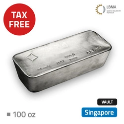 Srebro Inwestycyjne 100 uncji Mennica Akredytowana  przechowywane w bezcłowym magazynie w Singapurze (Malca-Amit)