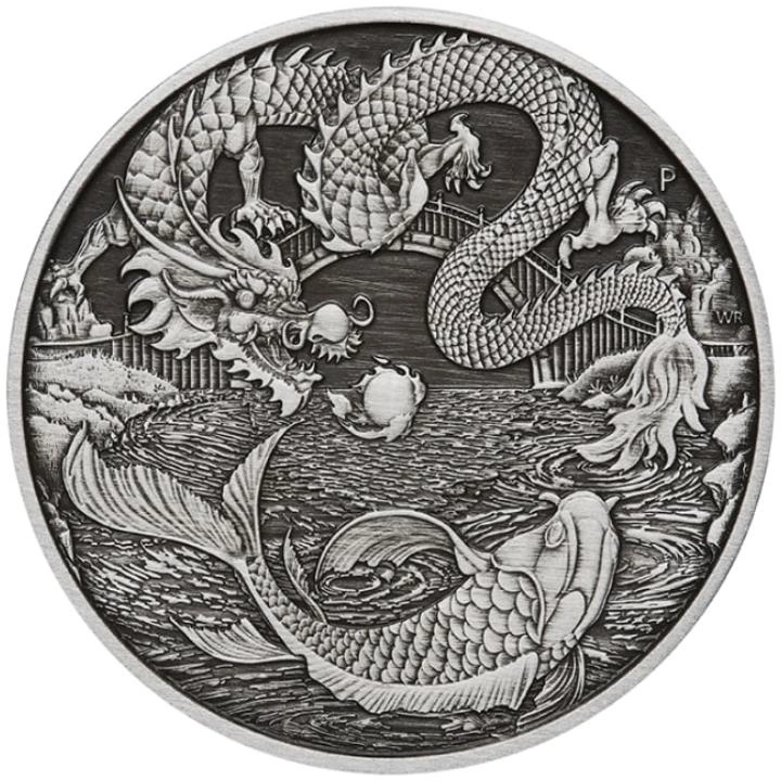 Chinese Myths and Legends: Dragon & Koi (wersja z monetą w karcie) 1 uncja Srebra 2023 Antiqued Coin