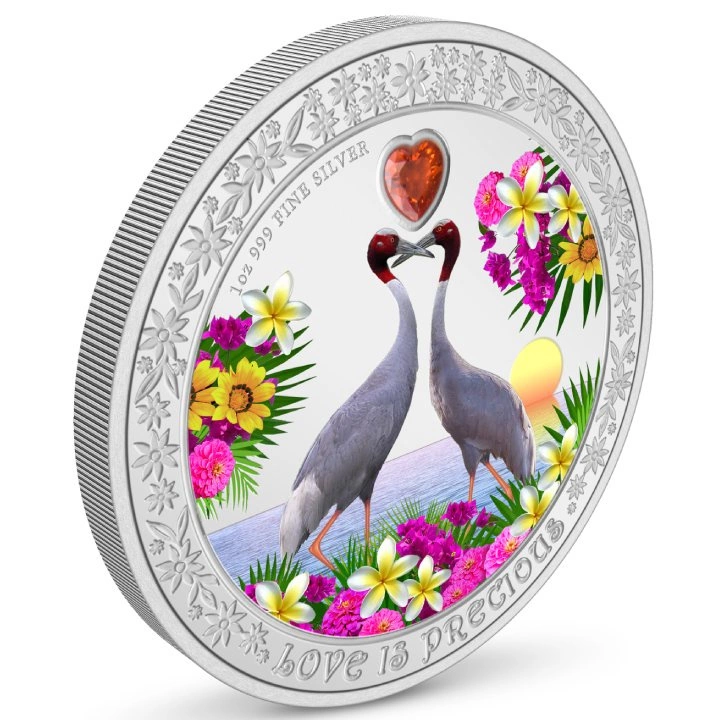 Niue: Love is Precious - Sarus Crane kolorowany 1 uncja Srebra 2024 Proof