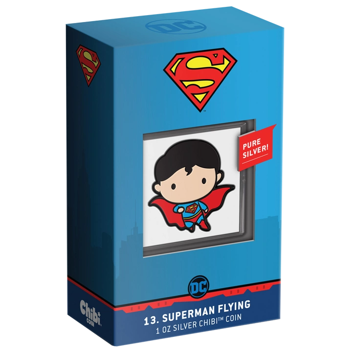 Niue: DC Comics - Superman Flying Chibi Coin kolorowany 1 uncja Srebra 2021 Proof