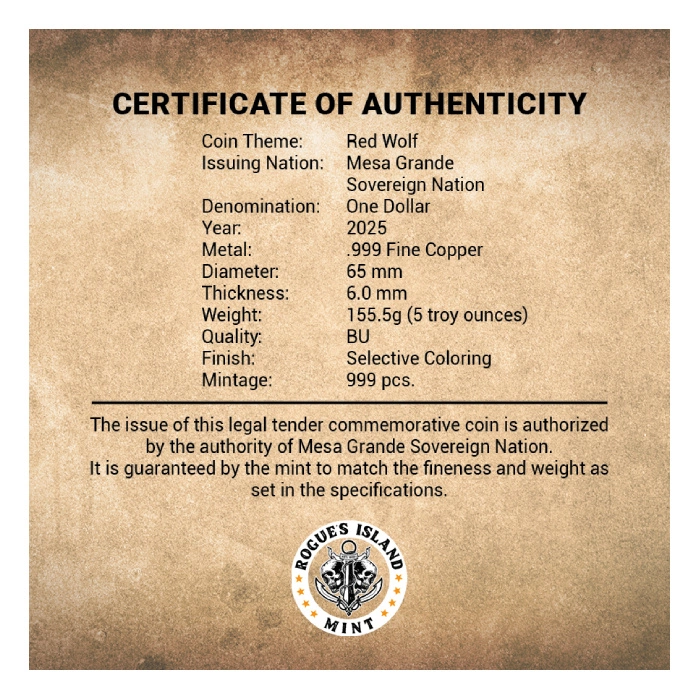 Mesa Grande Sovereign: Red Wolf kolorowany 5 uncji Miedzi 2025 w kapslu
