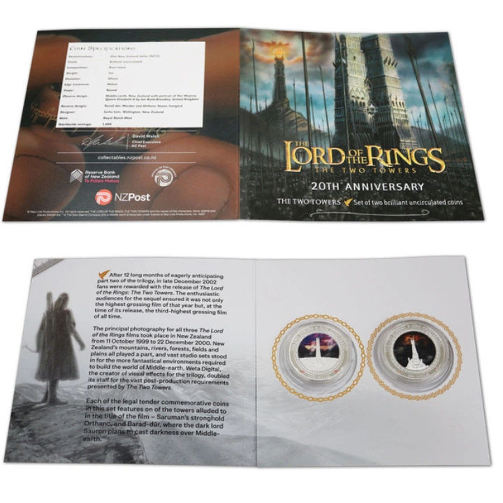 Zestaw 2 monet The Lord of the Rings: The Two Towers - 20. rocznica filmu kolorowany Miedzionikiel 2022